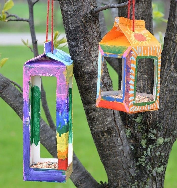 Colorful Juice Carton Bird Feeders