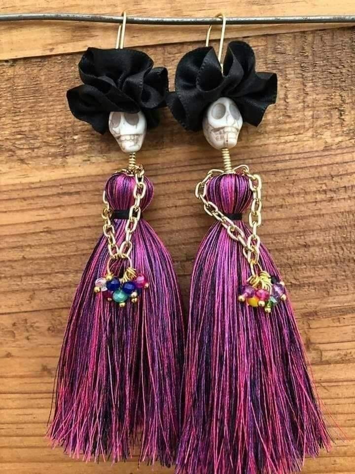 Day of the Dead-Inspired Skull Tassel Earrings 1