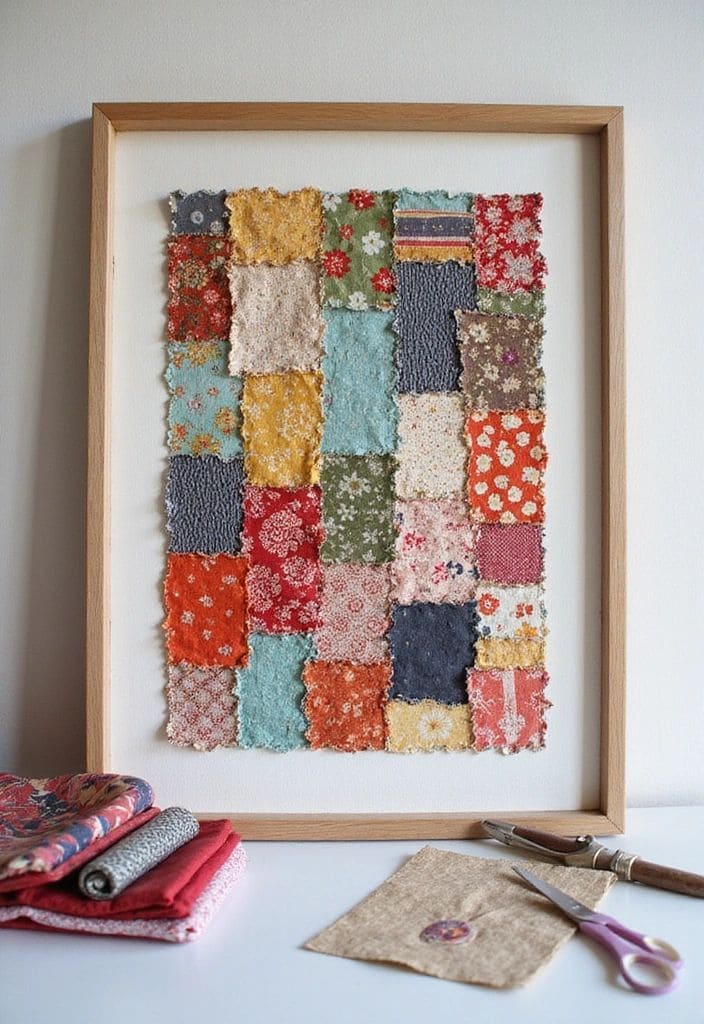 Framed Patchwork Fabric Art for Wall Display