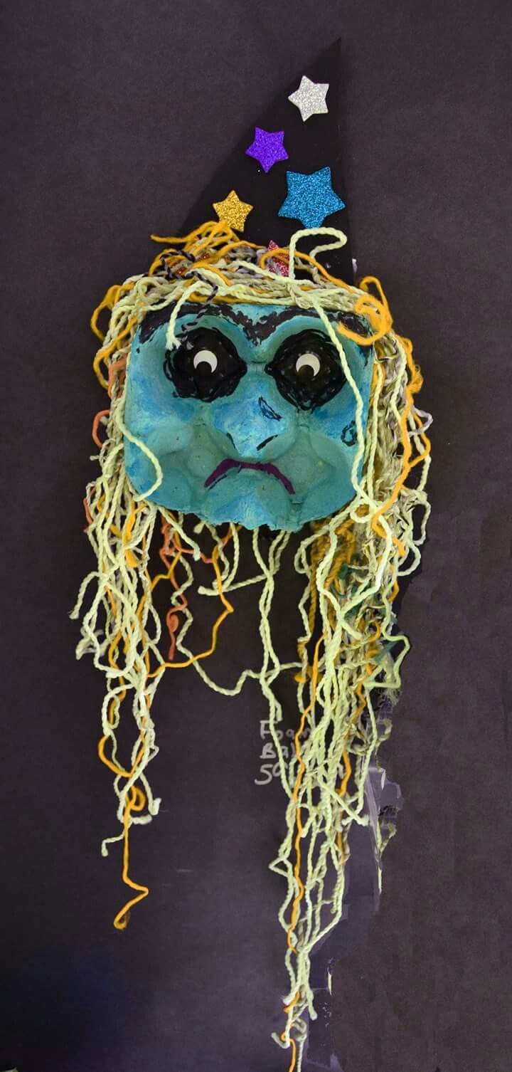 Glittery Egg Carton Witch Face With Yarn Hair