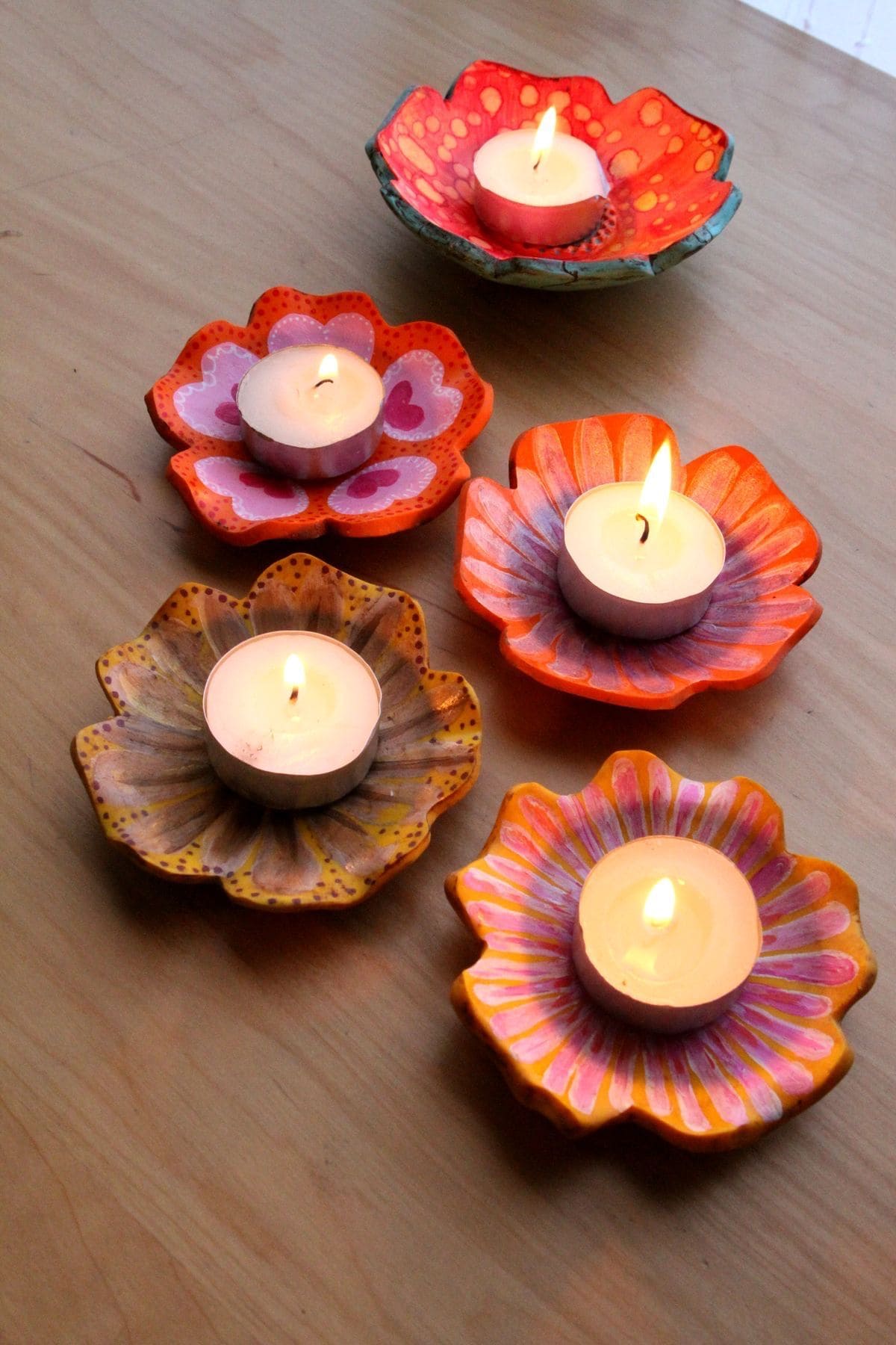 Hand-Painted Clay Flower Candle Holders
