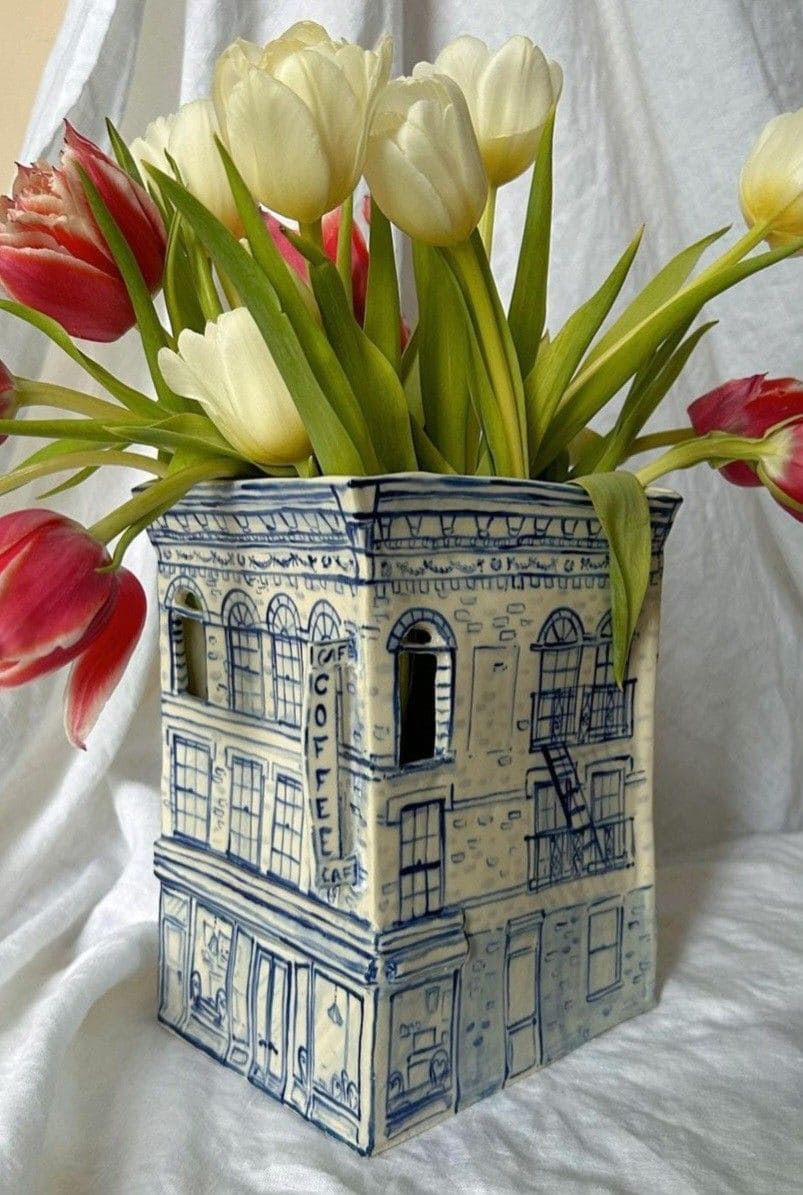 Hand-Painted Porcelain Building Vase