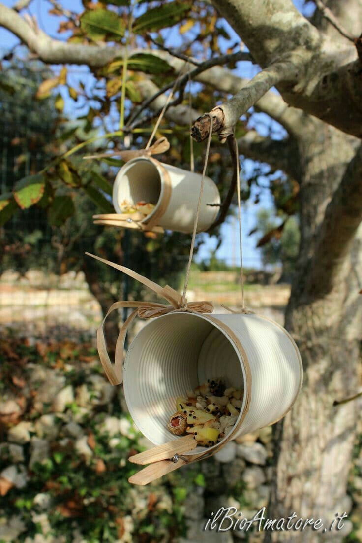 Hanging Tin Can Feeders with Wooden Perches