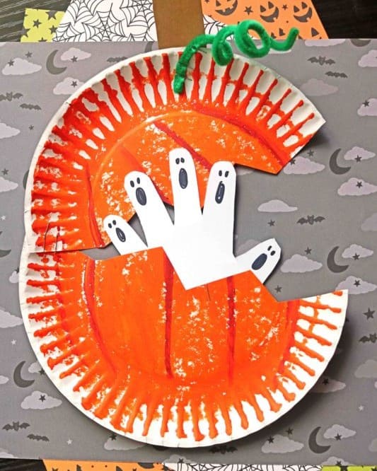 Haunted Handprint Paper Plate Pumpkin
