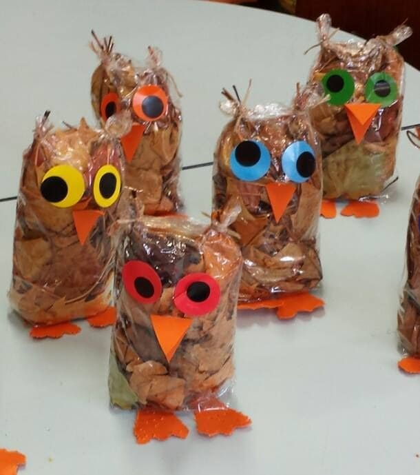 Leaf-Stuffed Plastic Bag Owls