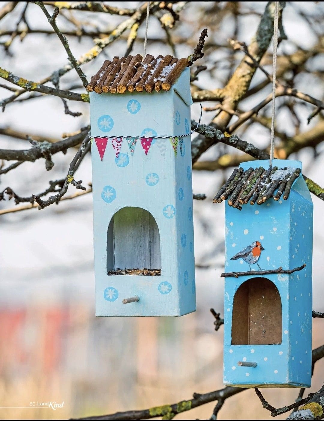 Painted Carton Feeders with Twig Roofs