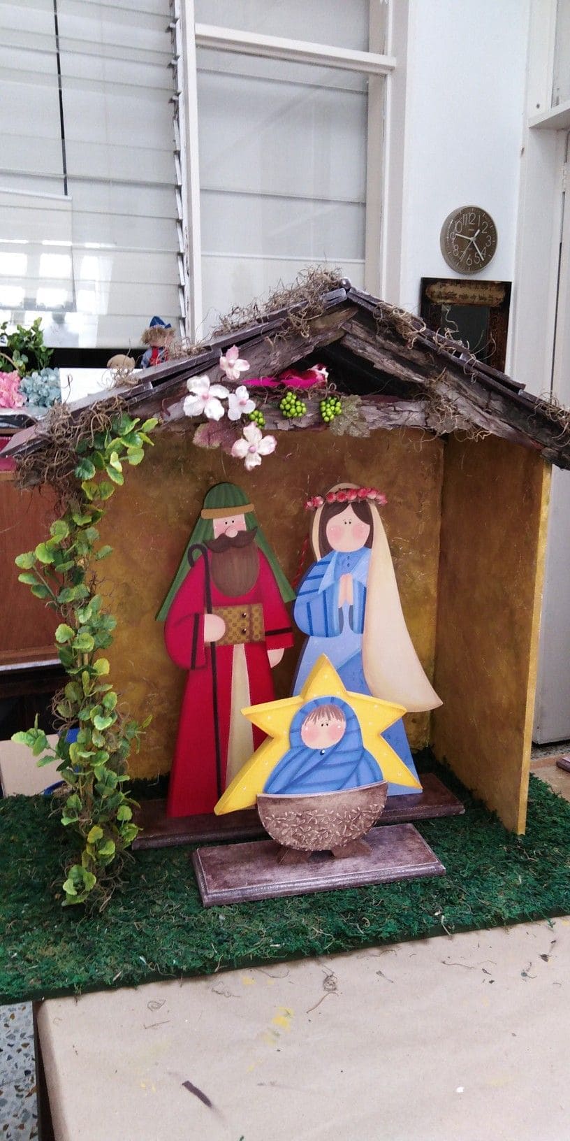 Painted Wood Nativity with Starburst Baby