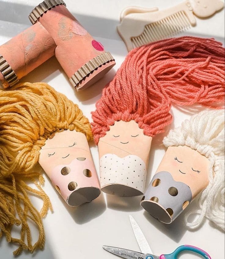 Paper Roll Dolls with Yarn Hair