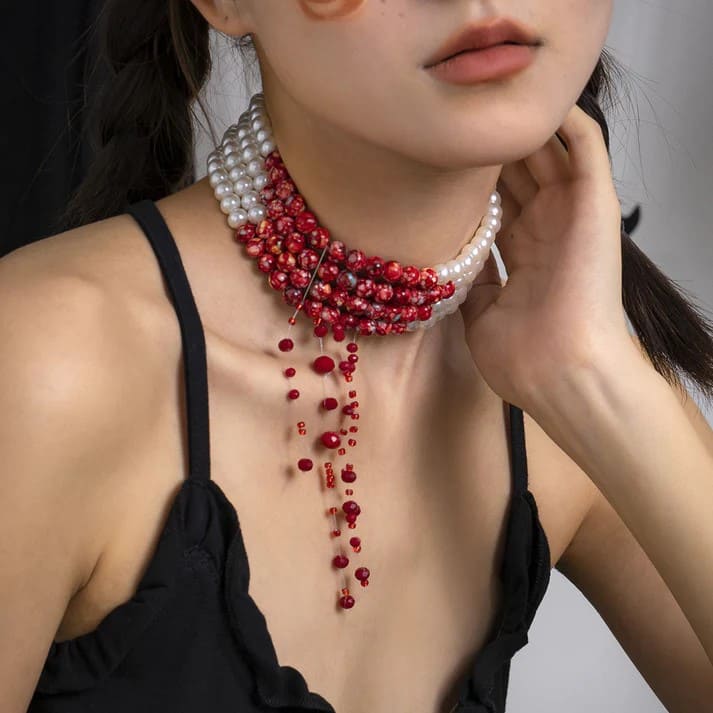 Pearl and Blood Drip Choker Necklace 1