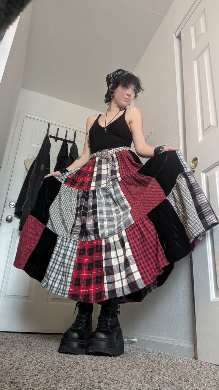 Plaid Patchwork Maxi Skirt