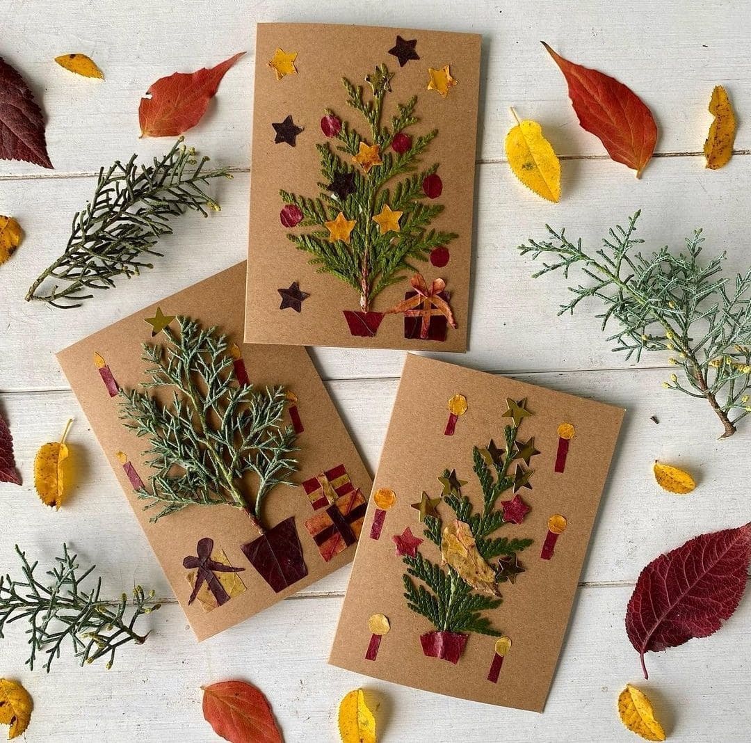 Pressed Leaf and Cedar Christmas Tree Cards