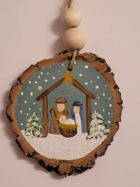 Rustic Wood Slice Nativity Ornament