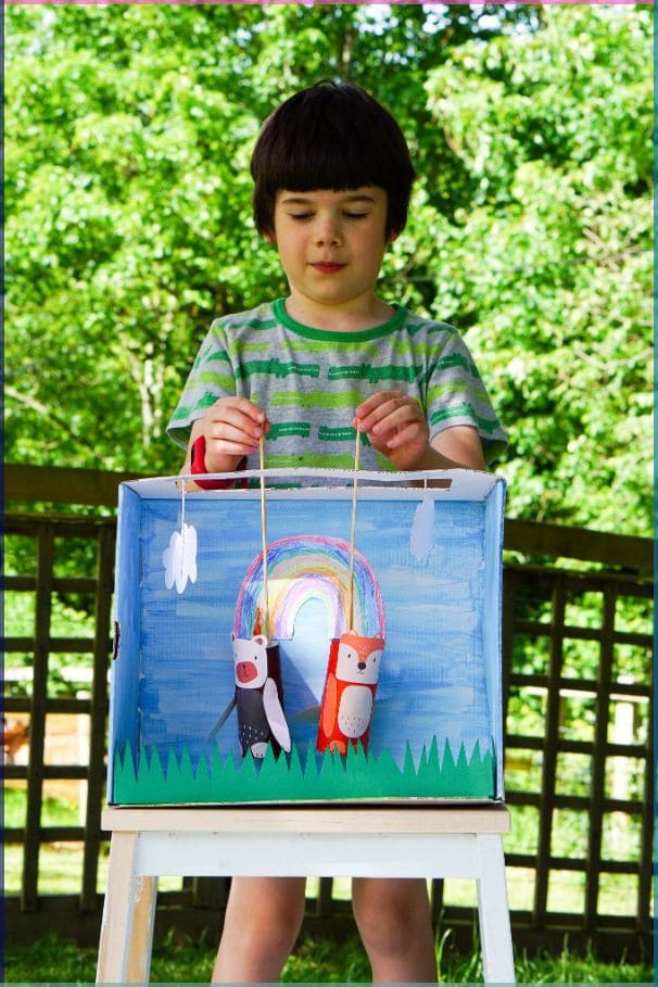 Shoebox-Style Puppet Theater with Rainbow Backdrop
