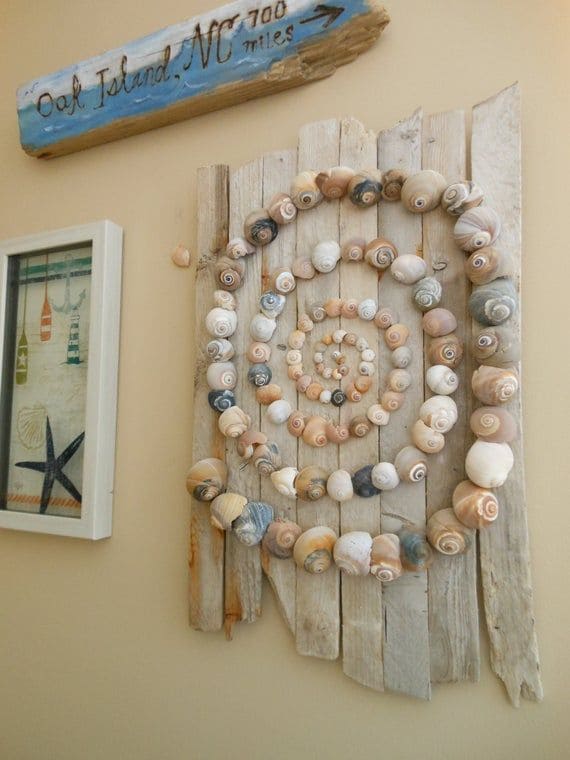 Spiral Shell Art on Driftwood Planks
