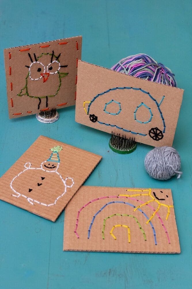 Stitched Yarn Art on Cardboard