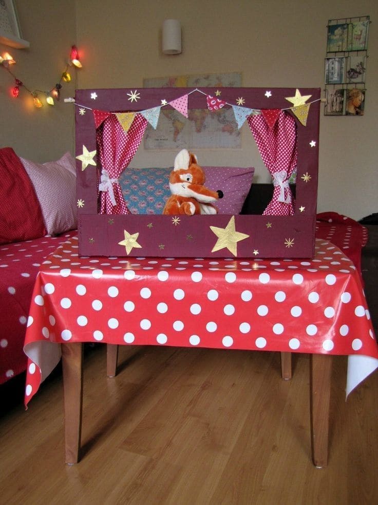 Tabletop Puppet Theater with Curtains and Garland