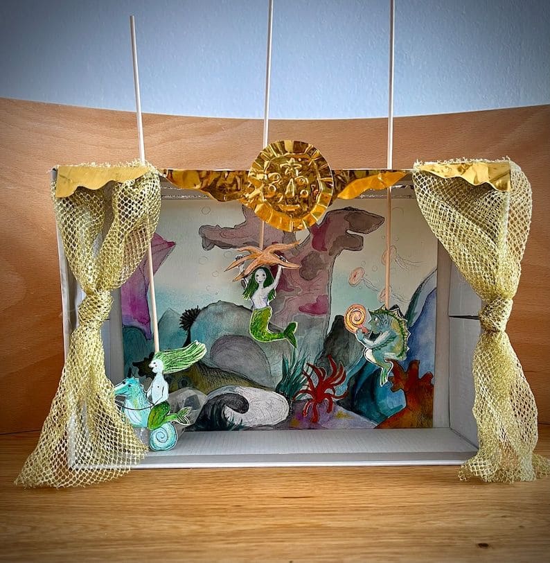 Underwater Mermaid Box Theater with Glittery Gold Curtains