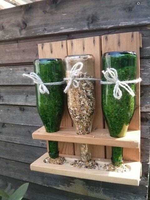 Upcycled Glass Bottle Bird Feeder Station