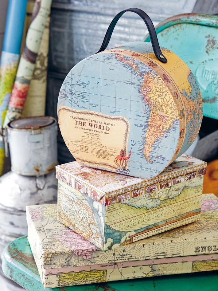 Vintage Map-Covered Storage Boxes