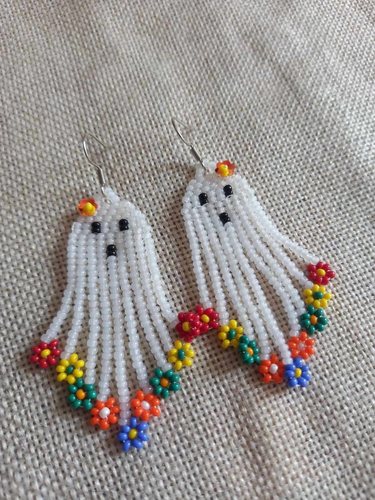 Whimsical Beaded Ghost Earrings With Floral Fringe 1
