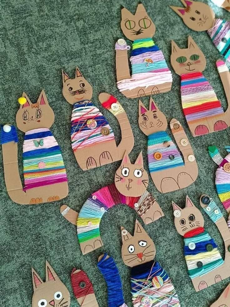 Whimsical Yarn-Wrapped Cardboard Cats