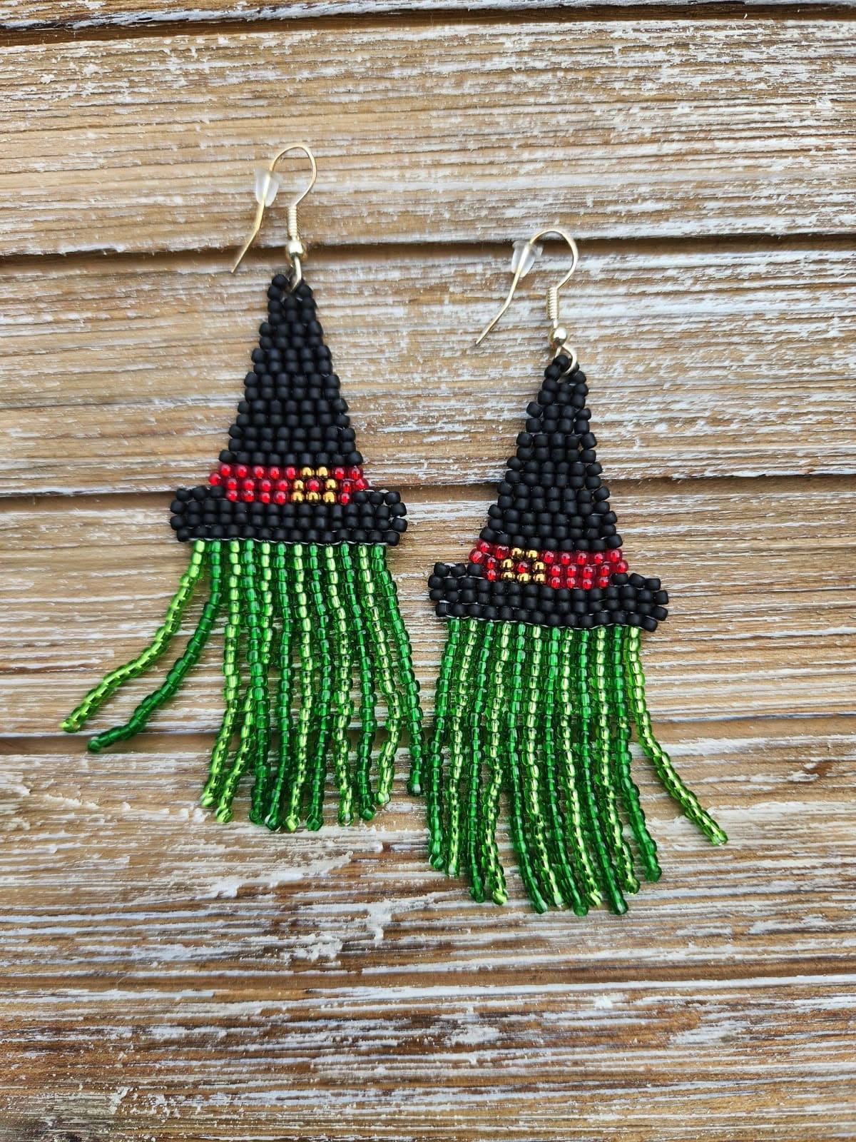 Witch Hat Earrings with Beaded Fringe 1