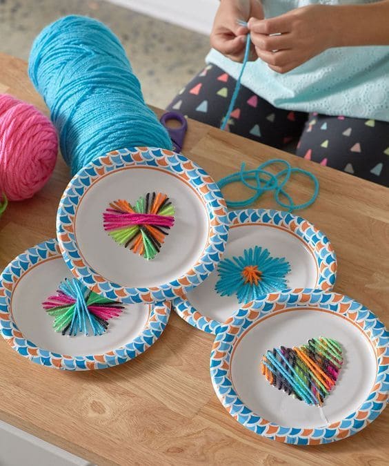 Yarn-Stitched Paper Plate Hearts