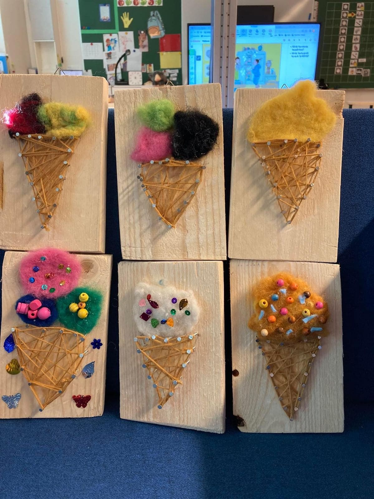 Yarn-Wrapped Ice Cream Art on Wood