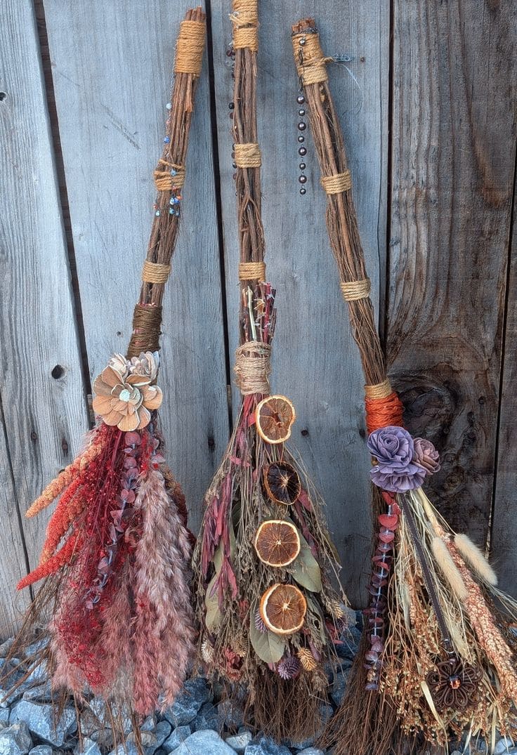 Autumn Witch Brooms with Dried Flowers and Citrus
