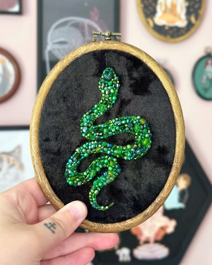Beaded Snake Embroidery Hoop Art 1
