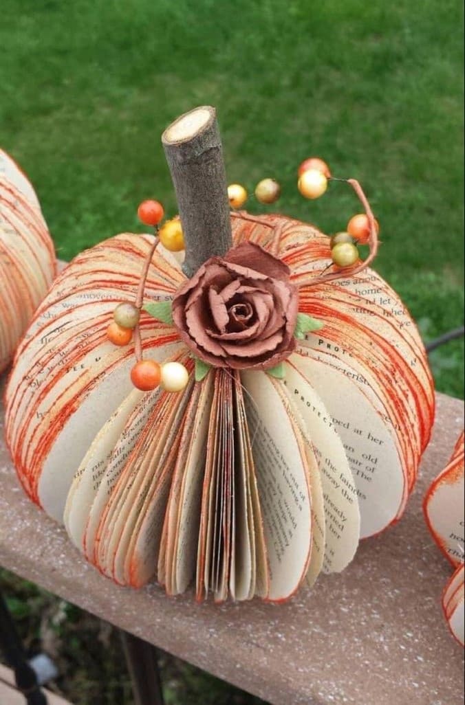 Book Page Pumpkin with Rustic Stem