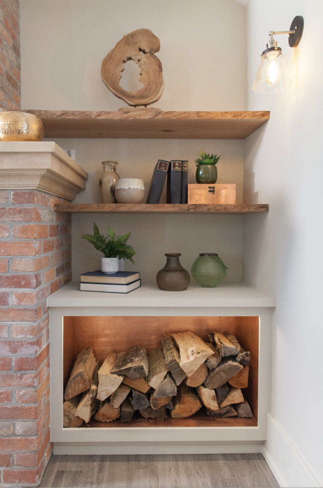 Built-In Firewood Shelf with Modern Touch