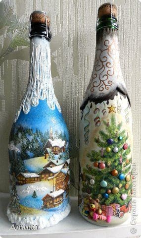 Christmas Village and Tree Decoupage Bottles