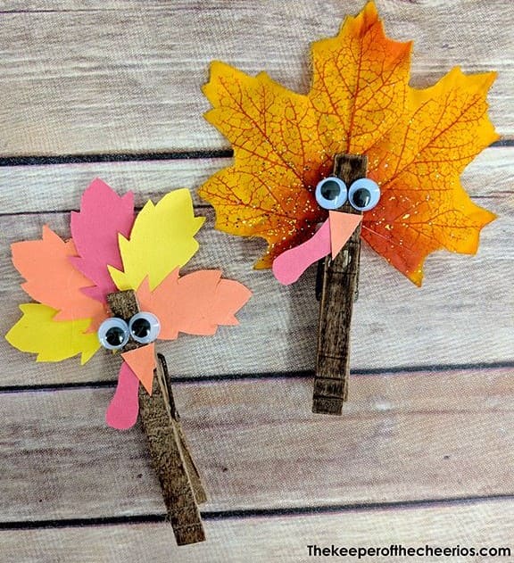 Clothespin Turkey Craft with Fall Leaves