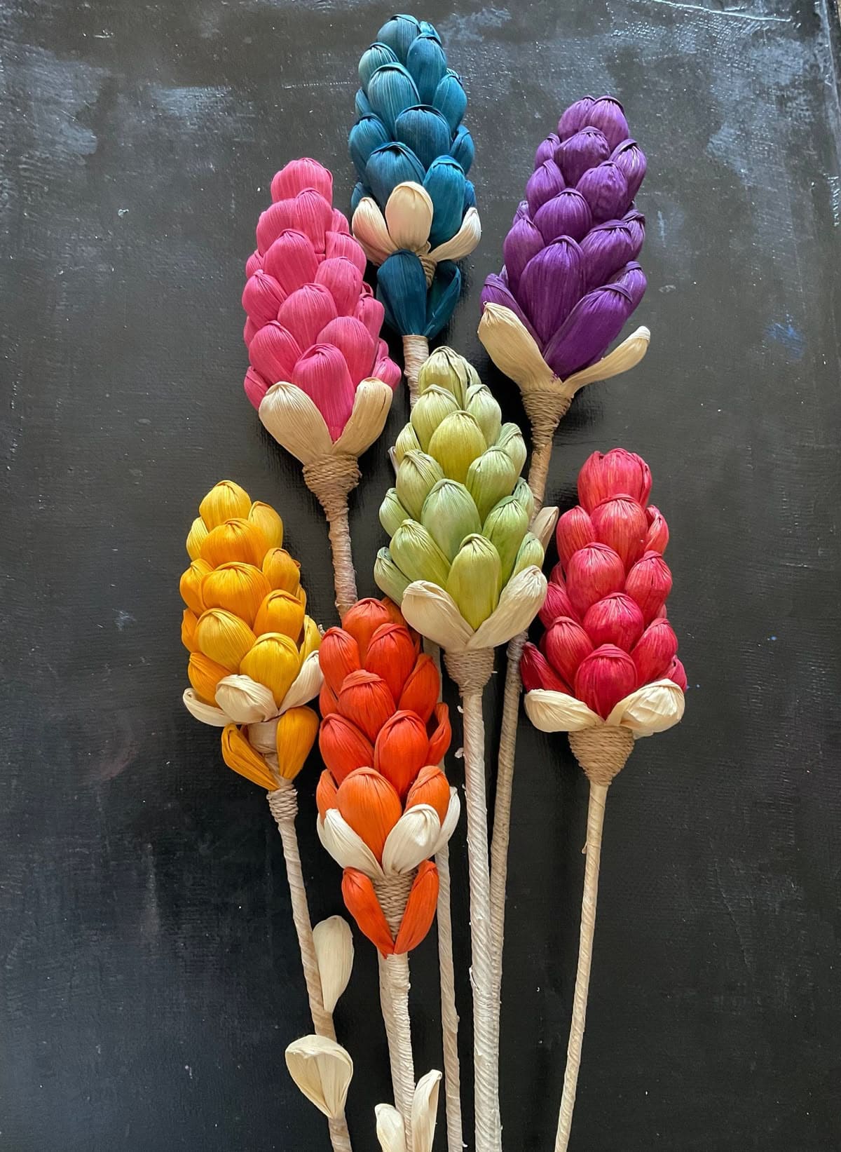 Colorful Corn Husk Flowers on Long Stems