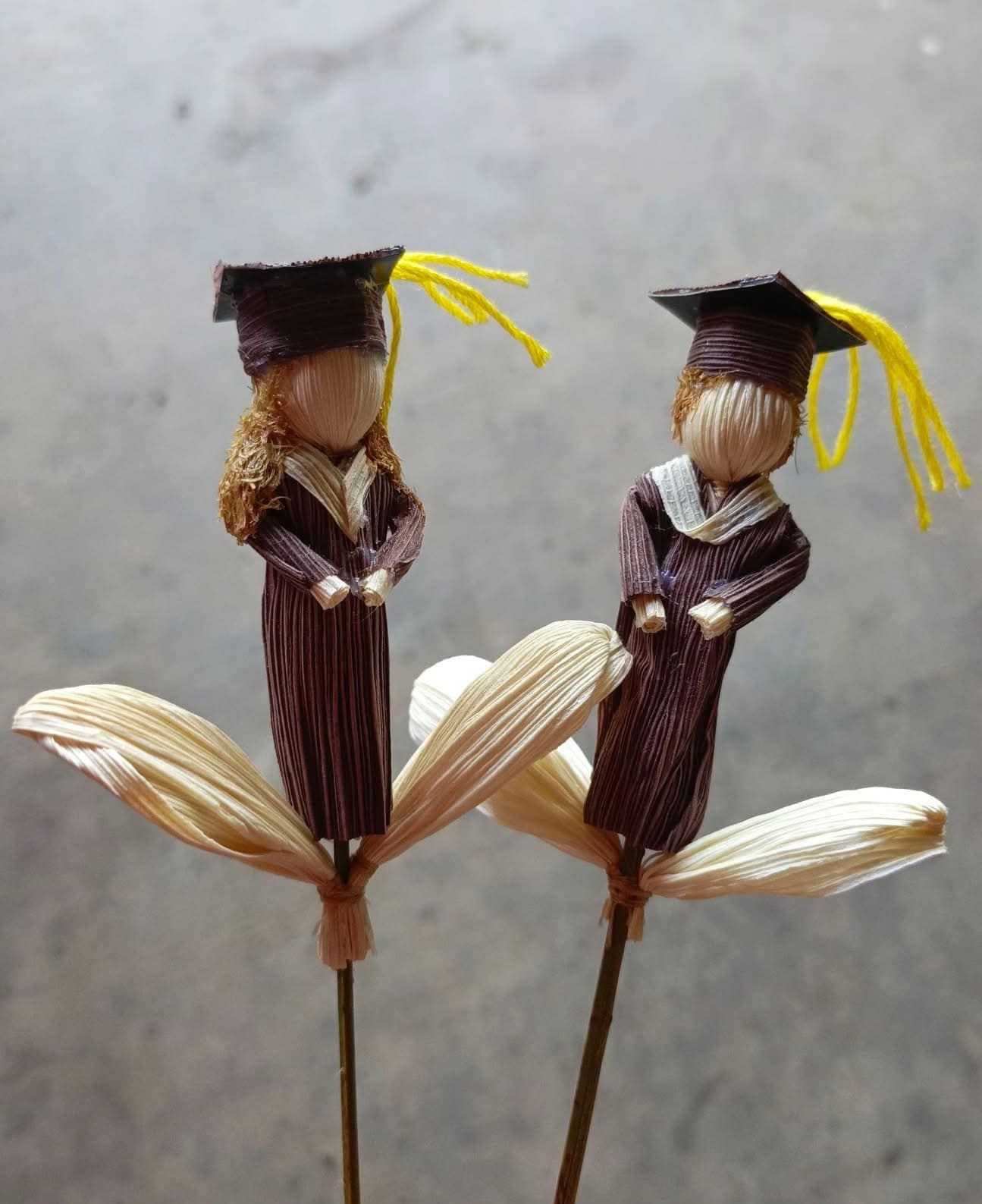 Corn Husk Graduation Dolls on Floral Stems