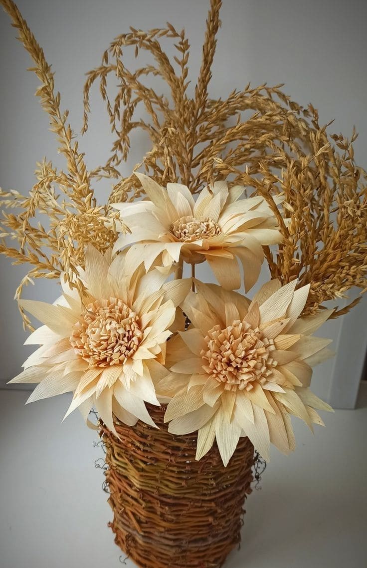 Corn Husk Sunburst Flowers in a Rustic Basket