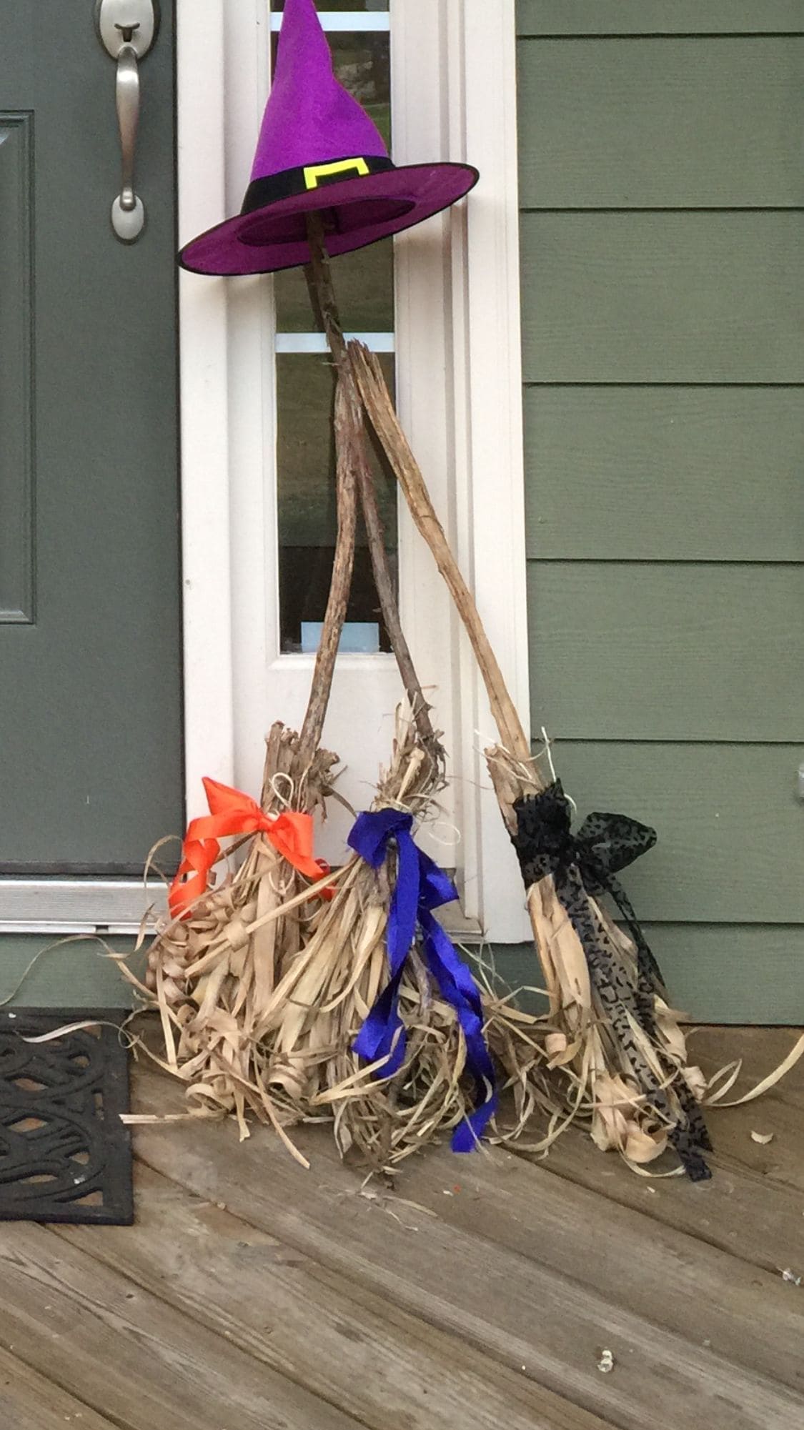Corn Husk Witch Broom Trio with Purple Hat