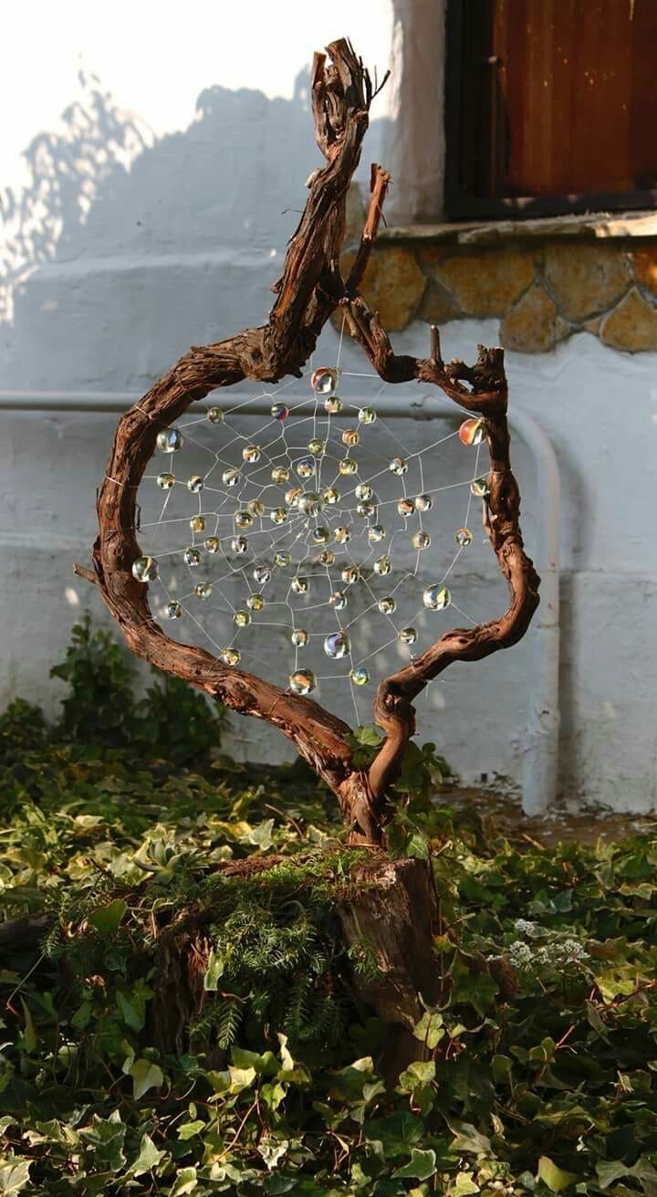 Driftwood and Crystal Bead Spiderweb Art