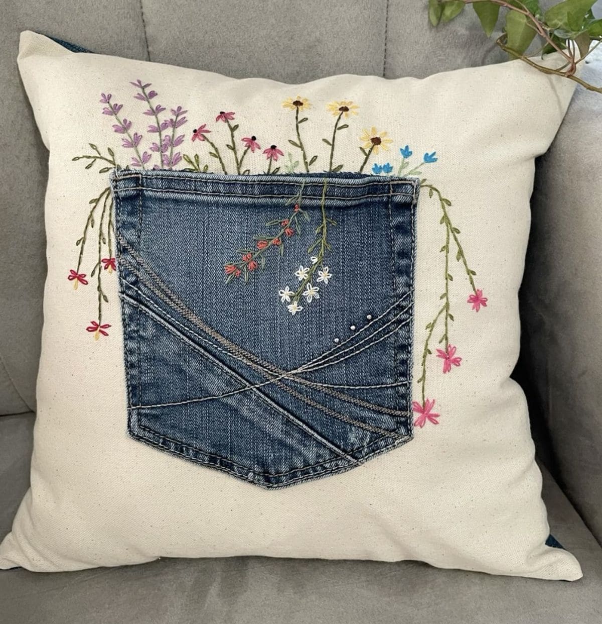 Embroidered Denim Pocket Pillow