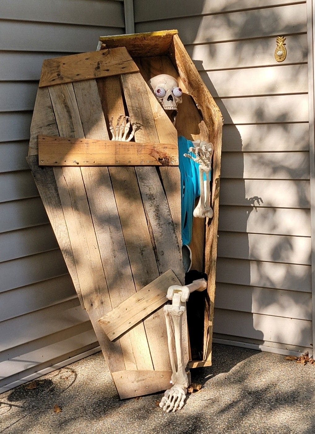 Escaping Skeleton in Rustic Coffin