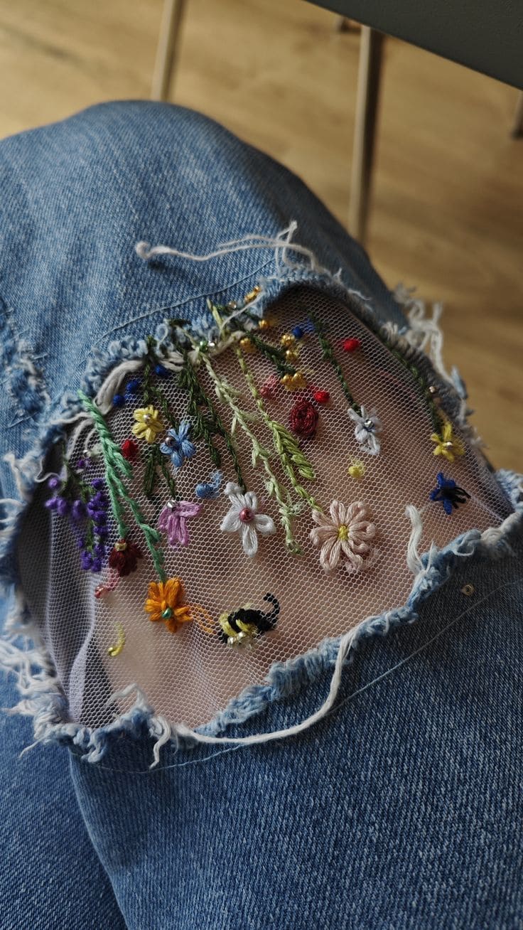 Floral Mesh Patch Embroidery on Jeans