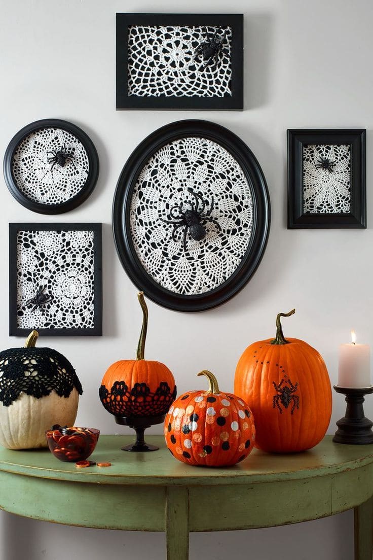 Framed Lace Spider Art and Lace-Covered Pumpkins