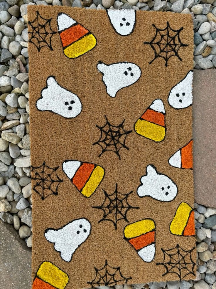 Ghosts Webs and Candy Corn Halloween Mat