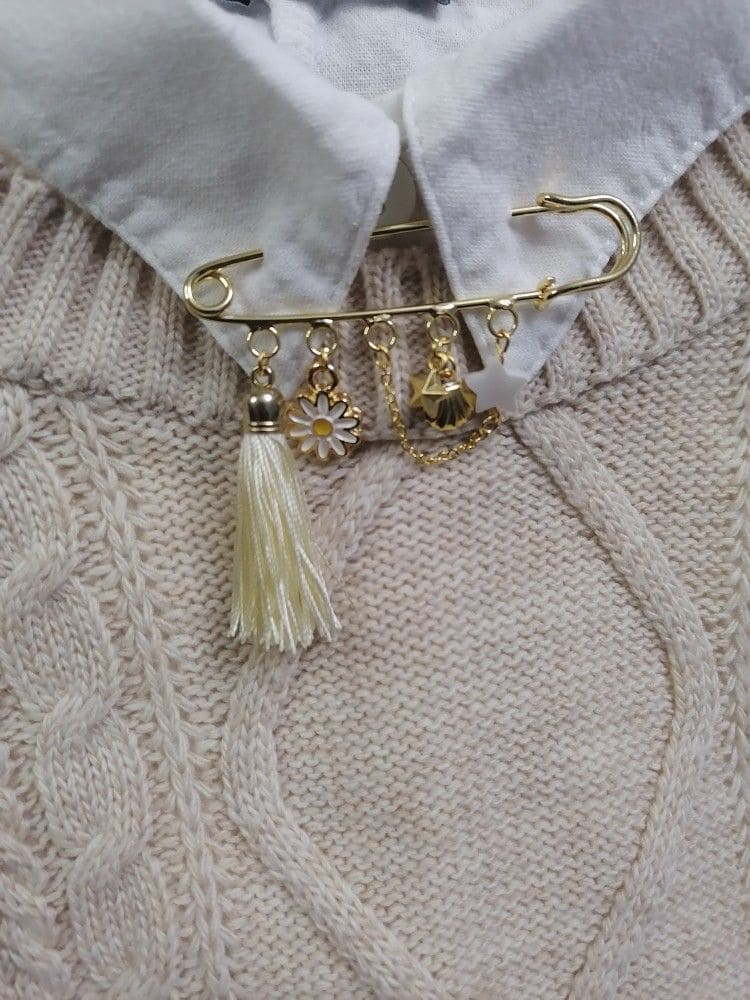 Gold Charm Safety Pin Brooch