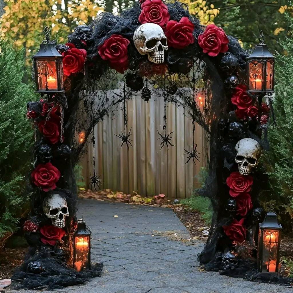 Gothic Skull and Rose Halloween Arch