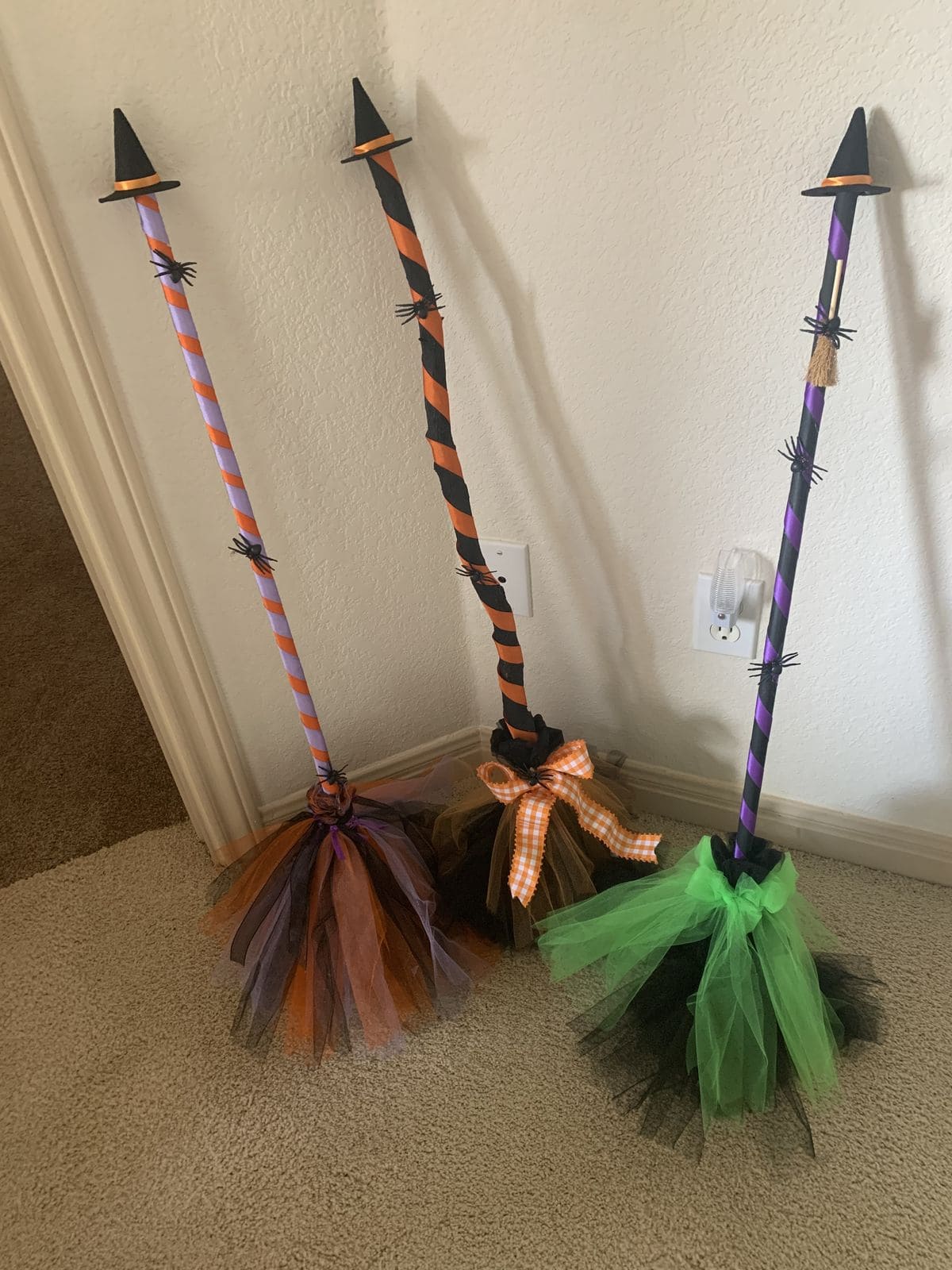 Halloween Tulle Brooms Wrapped in Ribbon and Spider Accents
