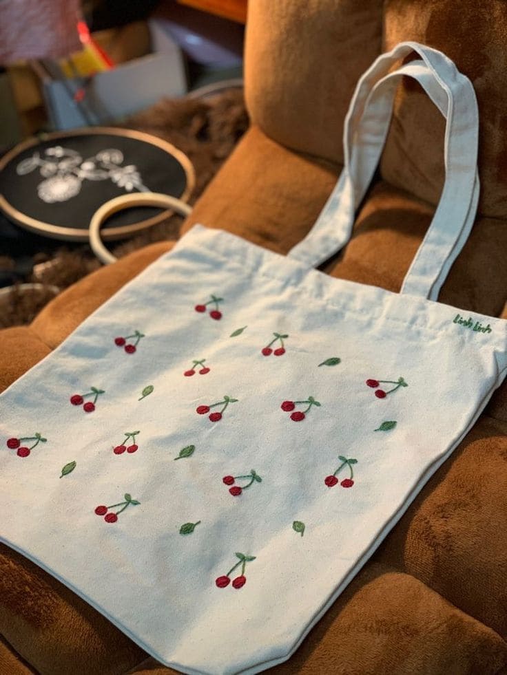 Hand-Embroidered Cherry Pattern Tote Bag