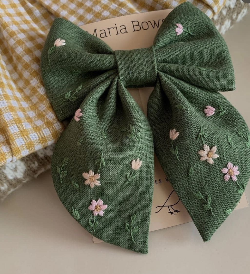 Hand-Embroidered Green Linen Hair Bow