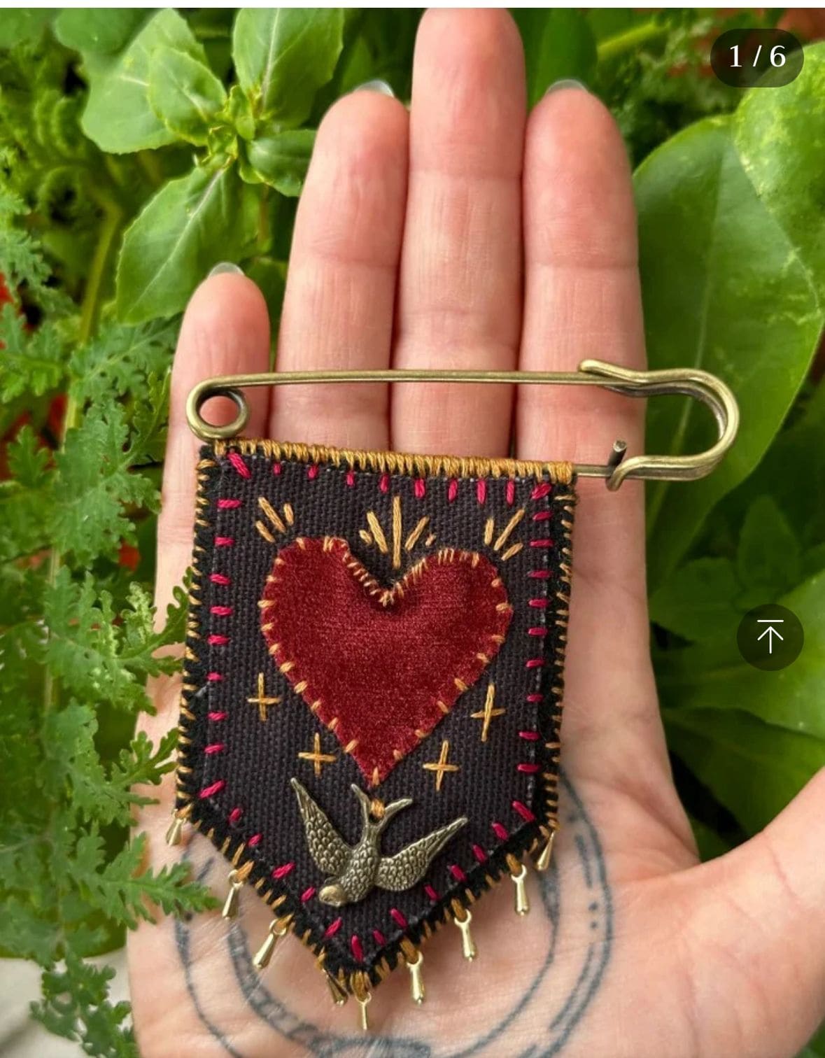Hand-Embroidered Heart & Swallow Brooch